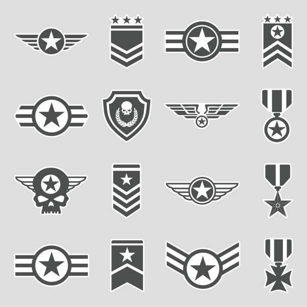 ilustrações, clipart, desenhos animados e ícones de ícones militares dos emblemas. projeto da etiqueta. ilustração do vetor. - striped military sergeant army