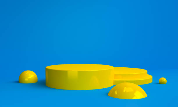 istock Yellow Podium Geometric shape Minimalist abstract blue background, 3D render. 1161749089