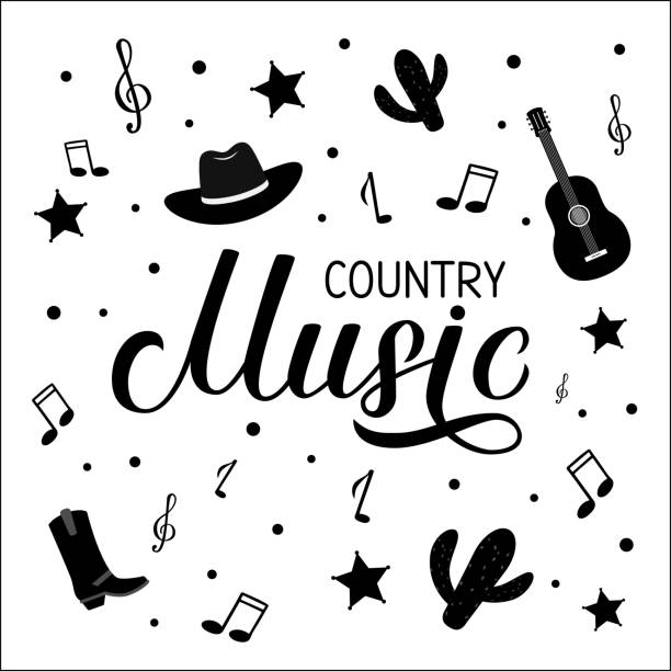 ilustrações de stock, clip art, desenhos animados e ícones de country music lettering with hat, notes and guitar isolated on white. acoustic guitar musical show typography poster. easy to edit vector template for banner, sign, logo, flyer design, invitation. - country and western music illustrations