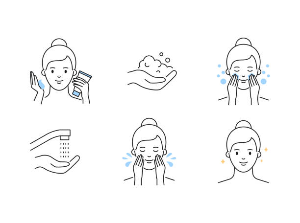 ilustrações de stock, clip art, desenhos animados e ícones de women's skin care cleansing outline vector icons - 6206