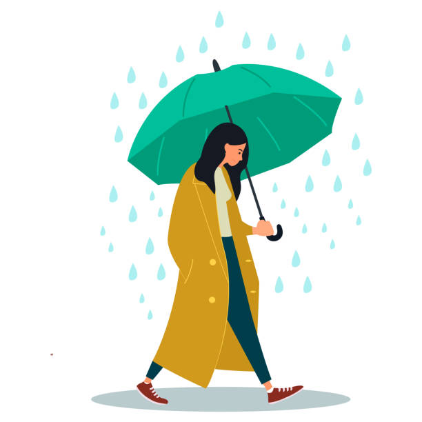 stockillustraties, clipart, cartoons en iconen met jonge vrouw karakter wandelen met paraplu onder een regen. vector illustratie op witte achtergrond in cartoon stijl - herfst vrouw