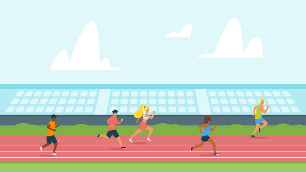 Highschool students running track flat vector illustration Highschool students running track flat vector illustration. Running competition, championship cartoon concept. Joggers, professional sportsmen on stadium, field. Working out with friends high school sports stock illustrations