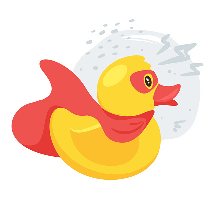 Rubber, plastic ducky flat vector illustration. Superhero bathroom, shower, bathtub toy duckling cartoon character . Cute small simple animal in mask isolated on white background