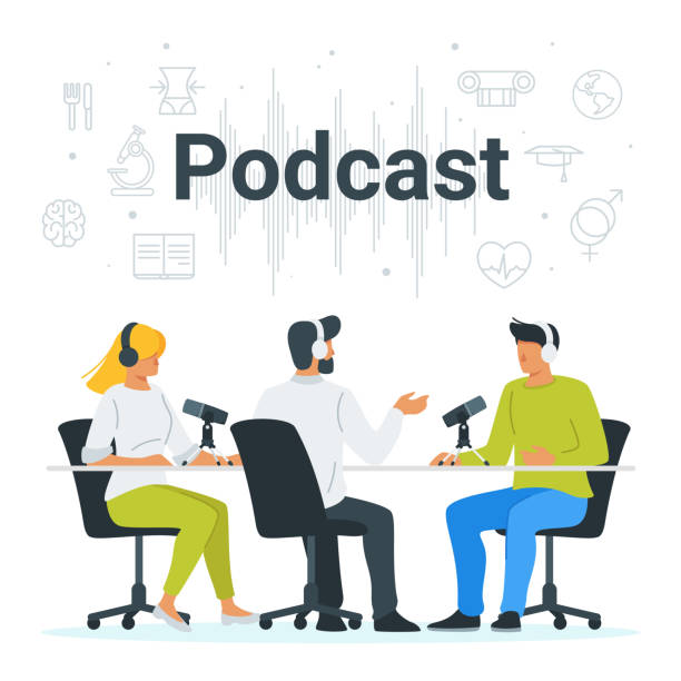 People recording podcast in studio flat vector illustration People recording podcast in studio flat vector illustration. Radio host interviewing guests on radio station cartoon characters. Young DJ, man and woman in headphones talking. Broadcasting podcasting illustrations stock illustrations