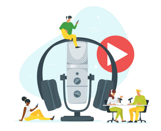Young people in headset listening to music flat vector illustration Young people in headset listening to music flat vector illustration. Youth in radio studio recording podcast cartoon characters. Sound recording equipment, microphone, headset isolated design element podcasting illustrations stock illustrations