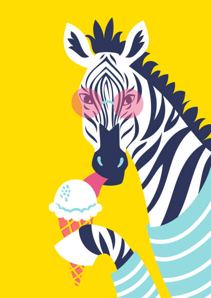 Vector illustration with fancy zebra in pink sunglasses and with ice-cream