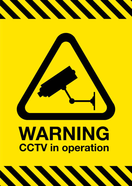 предупреждающий знак видеонаблюдения - камера слежения иллюстрации stock illustrations