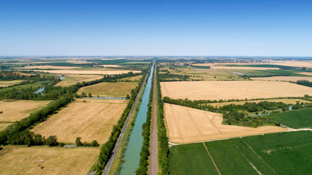 Aerial photography of a canal and a railroad in the Poitevin marsh stock photo