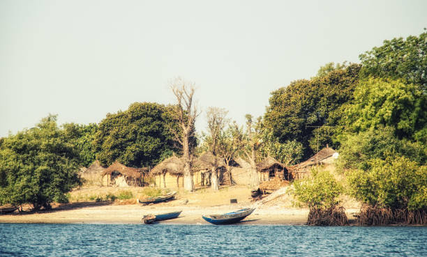 Senegalese strawhut village Traditional riverside village, Senegal, Sin-Saloum Delta senegal beach stock pictures, royalty-free photos & images