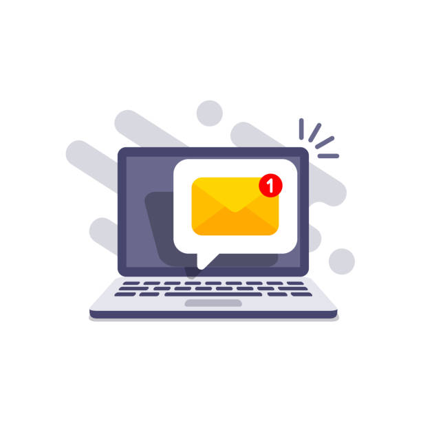 Email message on screen in laptop. Message reminder concept. Newsletter on computer. Vector illustration in flat style. laptop icon stock illustrations