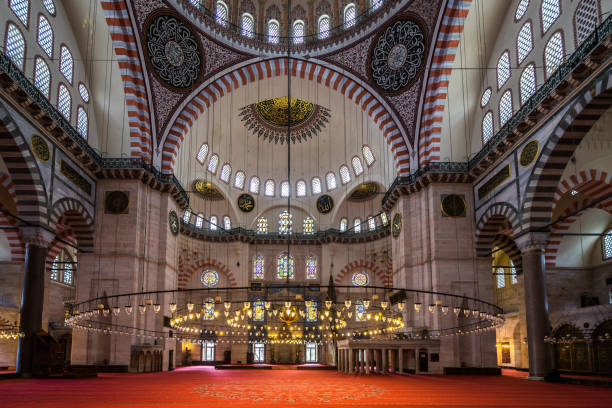 The beautiful interior of Suleymaniye Mosque, the second largest mosque in Istanbul, built in 1550, Istanbul, Turkey The beautiful interior of Suleymaniye Mosque, the second largest mosque in Istanbul, built in 1550, Istanbul, Turkey golden horn istanbul photos stock pictures, royalty-free photos & images