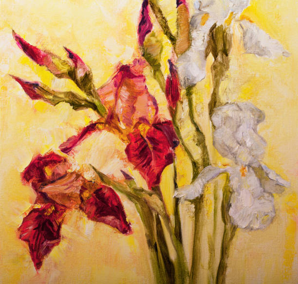 ilustrações de stock, clip art, desenhos animados e ícones de fashionable spring illustration allegory flowers modern work of art impressionism my original oil painting on canvas impressionism horizontal figurative symbolic still life blooming white and red irises - artists canvas yellow white red