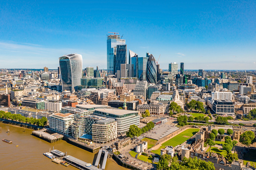 Beautiful London city panoramic view from above. Skyscrapers in London city district.