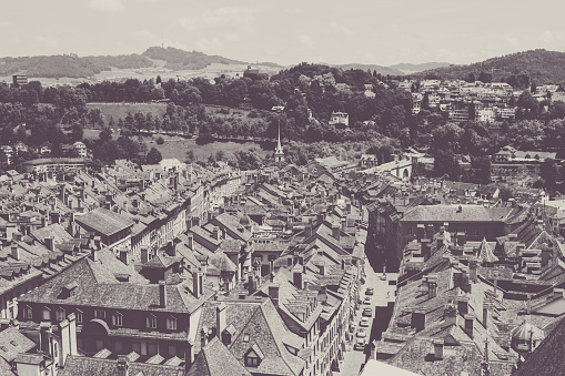 Aerial panorama of historic Bern city center from Bern Minster, Switzerland. Summer landscape, sunny day and blue sky