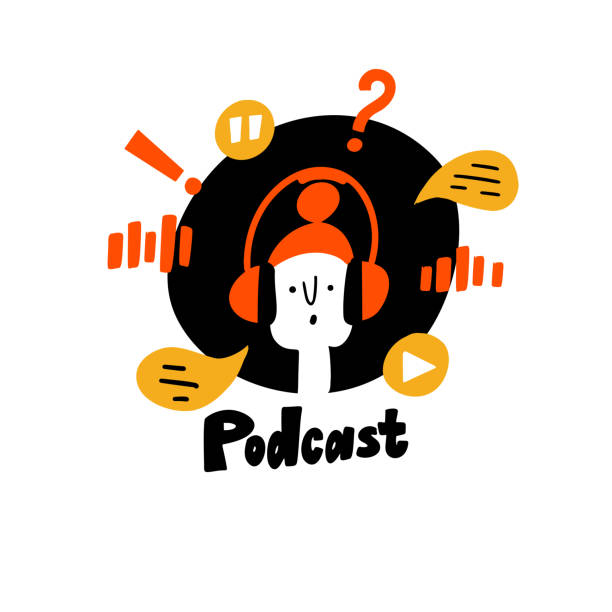 Vector doodle illustration of girl in headphones. Podcast show logo concept. Isolated on white. Vector doodle illustration of girl in headphones. Podcast show logo concept. Isolated on white radio station logo stock illustrations