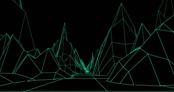 A retro backdrop video game style of green lines mountains in a black background