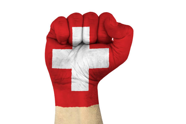 male hand in fist shape with flag covered