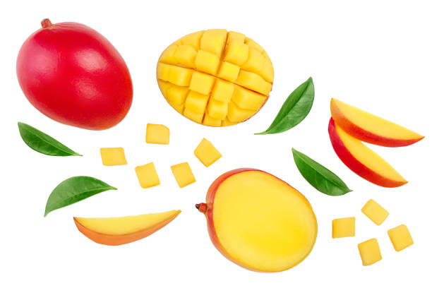 istock Mango fruit half with slices isolated on white background. Set or collection. Top view. Flat lay 1161777627