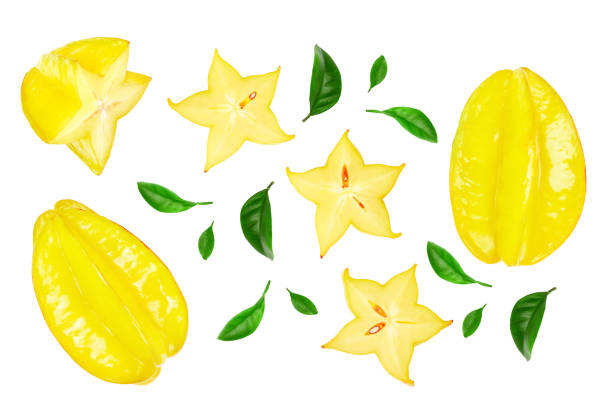 istock Carambola or star-fruit with leaf isolated on white background. Top view. Flat lay 1161777640