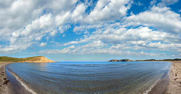 Sandy beach morning landscape, Narta Lagoon, Vlore, Albania. Multi shots stitch high-resolution panorama.