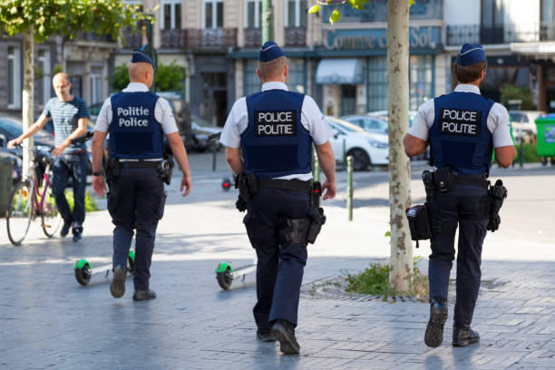 Belgian policemen in bulletproof vest stock photo