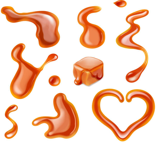 illustrazioni stock, clip art, cartoni animati e icone di tendenza di caramel rilascia collezione vettorizzata. caramelizated blot spruzzi set vettoriale realistico. - heart shape snack dessert symbol