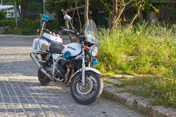Athens, Greece - May 01 2019: Police bike parked down the Acropolis.