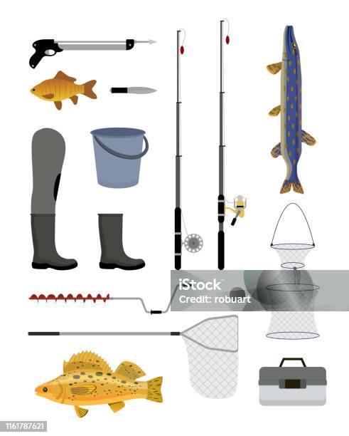Fishing Tools And Equipment Vector Illustration Stock Illustration -  Download Image Now - Backgrounds, Boot, Bucket - iStock