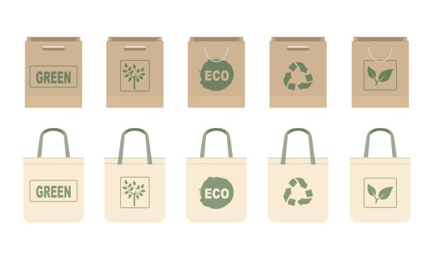 illustrazioni stock, clip art, cartoni animati e icone di tendenza di collezione diversi tessuti o sacchetti di carta. isolato su sfondo bianco. sacchetti con eco e simboli di riciclo. - recycled bag