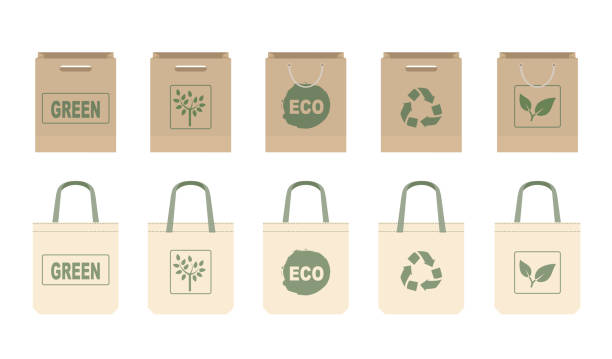 Collection different fabric cloth or paper bags. Isolated on white background. Bags with ECO and recycling symbols. Collection different fabric cloth or paper bags. Isolated on white background. Bags with ECO and recycling symbols. Replacement plastic bags. Flat vector illustration. reusable bag stock illustrations