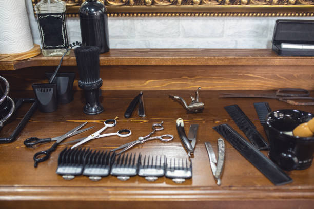 istock Barber's desk filled with work equipment 1161791262