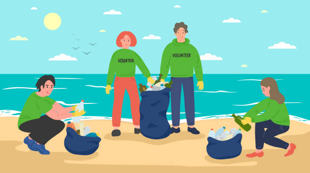 ilustrações, clipart, desenhos animados e ícones de grupo de voluntários dos jovens que limpam a praia do mar - mulher catando lixo