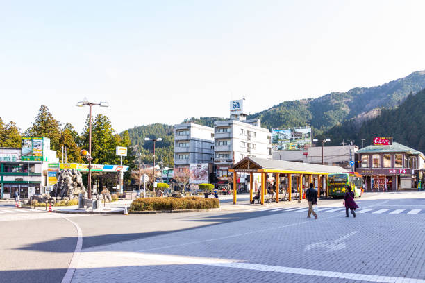 гора в маленьком деревенском городке в префектуре тотиги весной с вокзалом и автобусной остановкой - 11246 стоковые фото и изображения