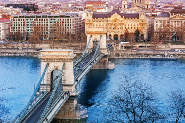 vue aérienne au-dessus du pont de liberté à budapest - descover photos et images de collection