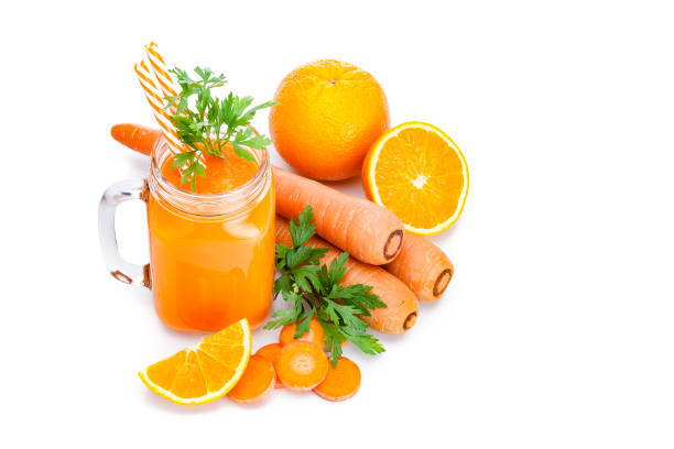 istock Healthy drink: orange and carrot juice isolated on white background with copy space 1161796276