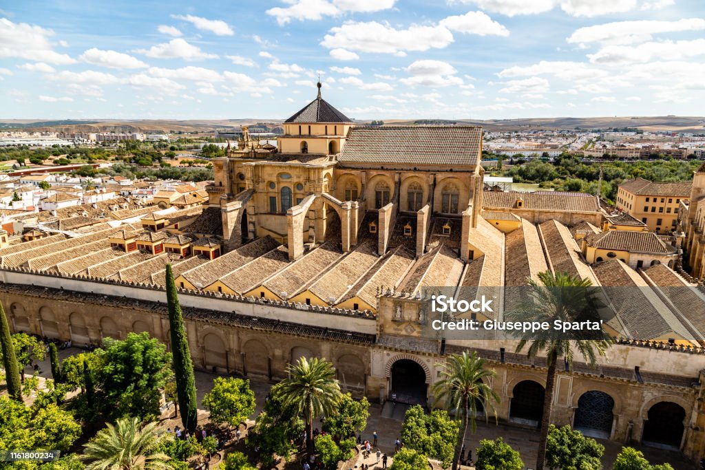 View of Mezquita, Catedral de Cordoba, from the Bell tower, the former Minaret of the Moorish mosque. Cordoba, Andalucia, South of Spain. The cathedral is a UNESCO world heritage site. Cordoba - Spain Stock Photo