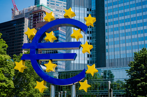 Large Euro symbol sculpture outside the European Central Bank in Frankfurt Main, Germany