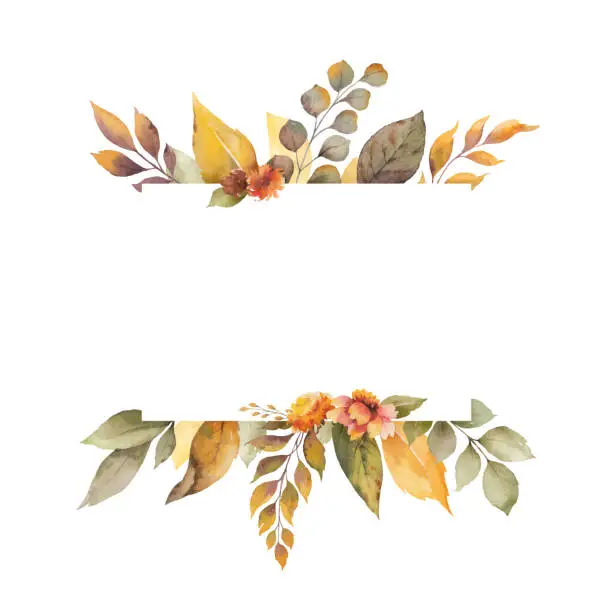 Vector illustration of Watercolor vector autumn banner with leaves, flowers and branches isolated on white background.