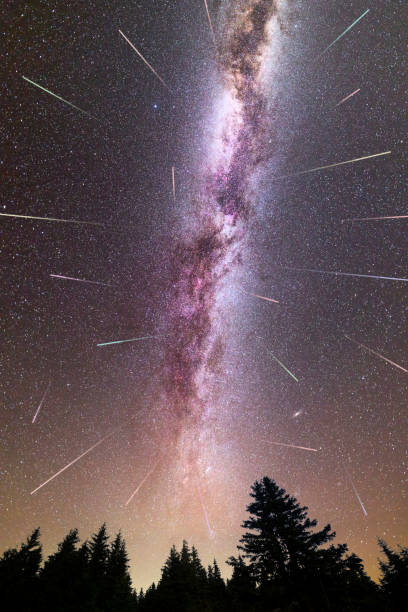 istock Purple Milky way falling stars pine trees silhouette 1161802792