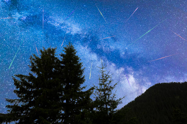 istock Blue Milky way falling stars pine trees silhouette 1161802814