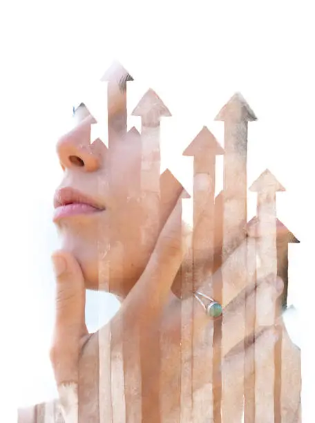 Paintography. Double exposure profile portrait disappearing behind arrows pointing upwards