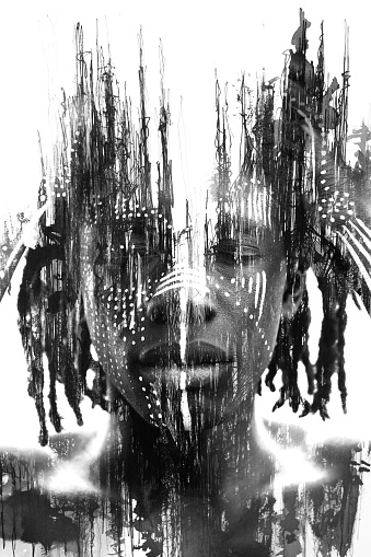 Paintography. Double exposure of African man with traditional style face paint dissolving behind black ink lines