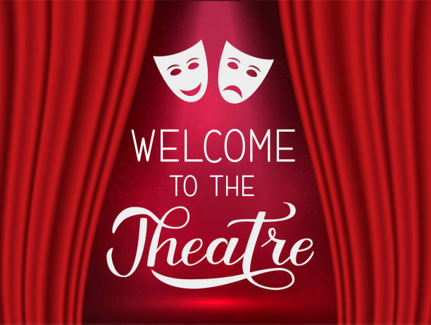 ilustrações de stock, clip art, desenhos animados e ícones de welcome to the theatre calligraphy hand lettering. realistic stage with red drapery curtain and spotlight. easy to edit vector template for invitation, playbill, banner, poster, logo, flyer, sign. - playbill