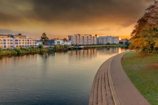 Photo of Victoria Embankment in Nottingham with dramatic orange sky at sunset