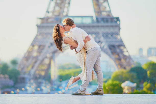 istock Happy romantic couple in Paris, near the Eiffel tower 1161811540