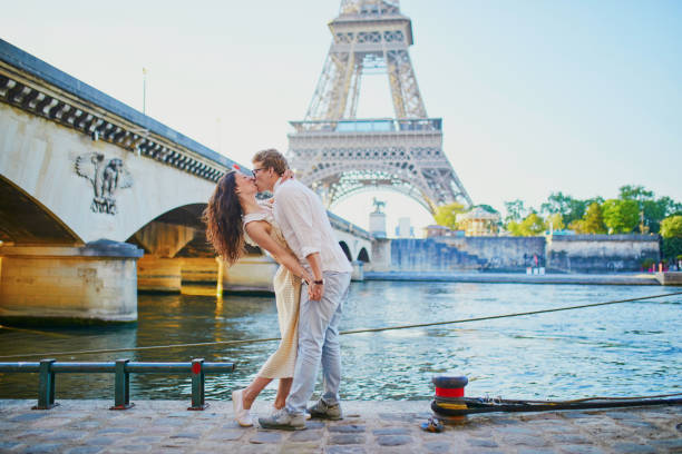 istock Happy romantic couple in Paris, near the Eiffel tower 1161811638