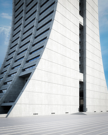 Digitally generated architecturally controversial building (Brutalist style) which is defined by rugged combinations of detailed concrete and glass, exposed construction, and a lack of concern for aesthetic comfort or ease.\n\nThe scene was rendered with photorealistic shaders and lighting in Autodesk® 3ds Max 2020 with V-Ray Next with some post-production added.