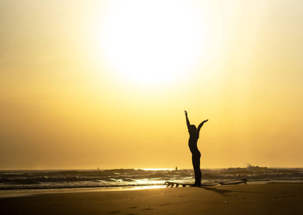 istock Silhouette of surfer exercsing on beach 1161816693