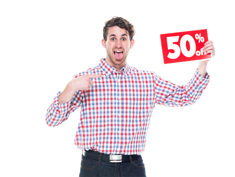 Man holding 50% off sign
