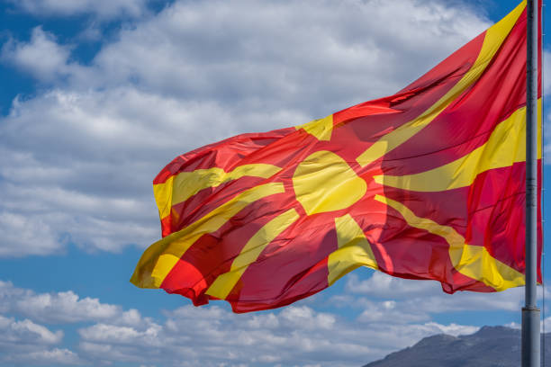 Republic of Macedonia  national flag Mast pole with Macedonian national flag, Ohrid town, Northern Macedonia north macedonia stock pictures, royalty-free photos & images